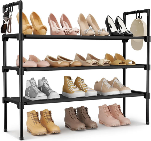 LANTEFUL 3 Tier Shoe Rack for Closet, Shoe Organizer with 5 Hooks,