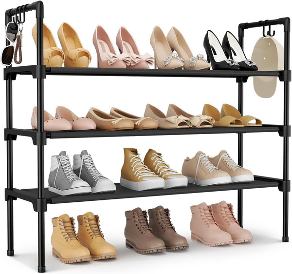 LANTEFUL 3 Tier Shoe Rack for Closet, Shoe Organizer with 5 Hooks,