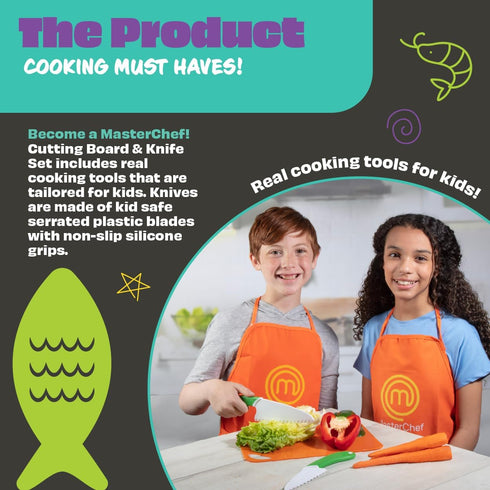 MasterChef Junior Knife and Cutting Board Set - Includes Real Cutting Tools for Kids and 15 Cooking Childrens Baking Recipes - Great for Homemade Cooking Party, Birthday Activity