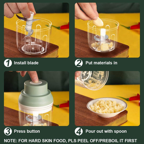 Electric Garlic Chopper Mini, Garlic Masher Mincer with Peeler and Spoon, 250ML/8.5FL OZ, Green
