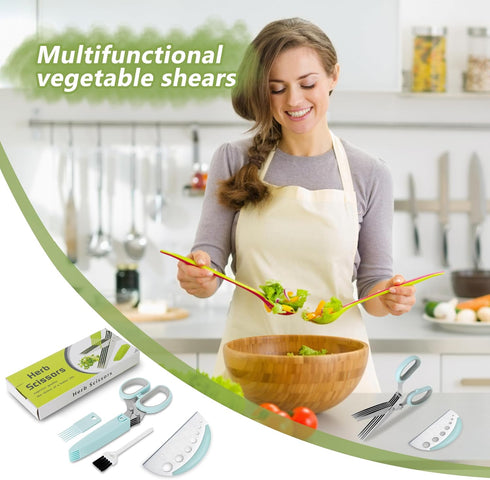 Herb Scissors with 5 Blades and Cover, Premium Kitchen Scissors for Food Vegetable, Stainless Steel Kitchen Shears