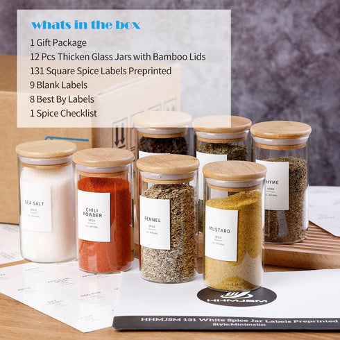 12 8oz Thicken(2.4mm) 148 Pcs Glass Spice Jars With Bamboo Airtight Lids, Spice Containers With Minimalist Preprinted