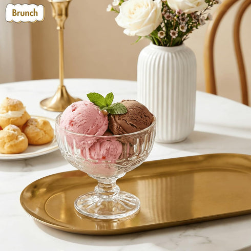 6 Pack 12oz Youeon Vintage Embossed Glass Dessert Cups, Footed Sundae Glasses for Ice Cream, Parfait, Trifle, Fruit