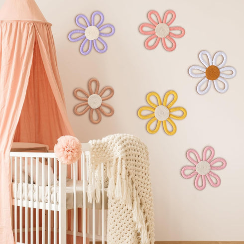 6 Zeyune Pcs Boho Nursery Daisy Flower Wall Art Decor Woven Macrame Wall Pediments Boho Daisy Floral Nursery Art Decor