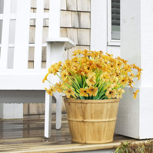 12 Bundles Artificial Flowers, UV Resistant Faux Plastic Plants for Garden Porch Window Box Decorating (Yellow)