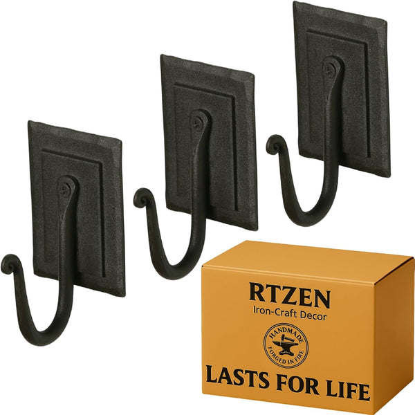RTZEN Wall Mount Hook Set - Handcrafted Rustic Metal Coat Hooks for Hanging - Classic Farmhouse Black Hooks for Towel,