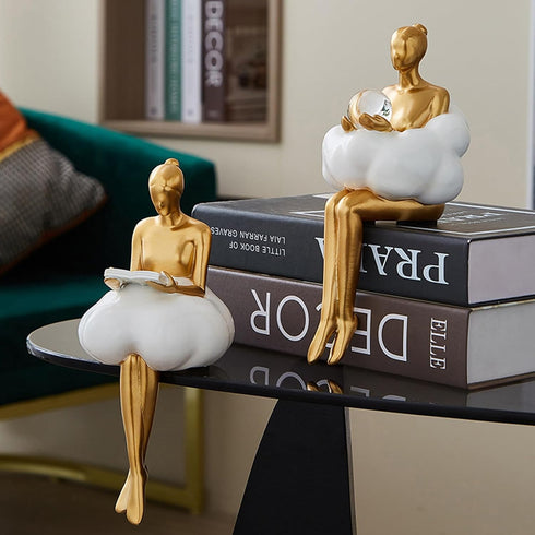 Gold Home Decor Women Thinker Statue, Modern Bookshelf Figurines Accent Decorations for Living Room, Resin Abstract Art