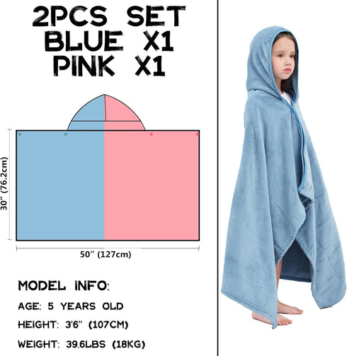 2Pcs 50"x30" 3-12 Hiturbo Kids Fleece Hooded Towel: Soft Plush Warm Blanket - Pool Beach Bath Swim Towel Wrap for Yrs