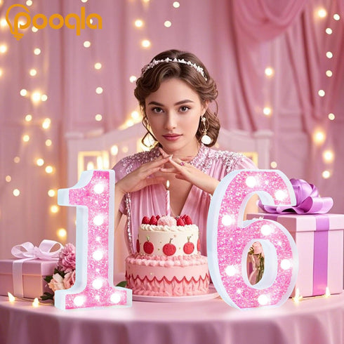 Pooqla LED Marquee Letter Lights, Light Up Letters Glitter Letter Sign Girls Gift, Battery Powered Night Light Pink