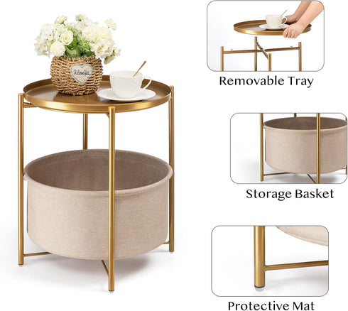 danpinera Round Side Table with Fabric Storage Basket, Metal Side Small Bedside Table Nightstand with Removable Tray