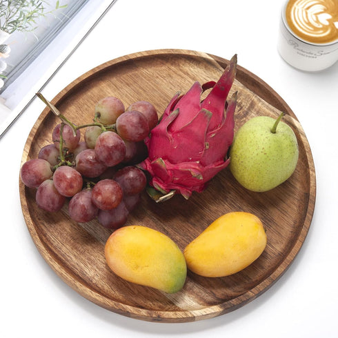 Round Wood Tray, Wooden Serving Tray, Acacia Appetizer Charcuterie Board, Kitchen Countertop Organizer 11.8"