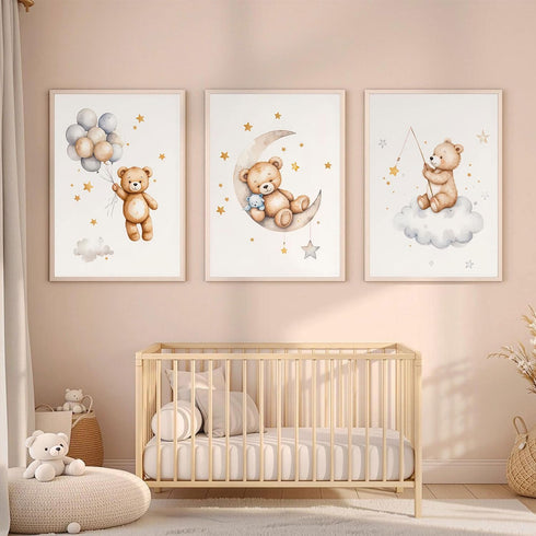 3Pcs 12x16in Teddy Bear Nursery Wall Art Bear Sleeping on The Moon and Stars Wall Decor Pictures Balloon Cloud Neutral