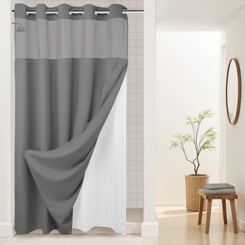 River Dream Heavyweight Dotted Waffle Weave Shower Curtain with Snap in Liner, 54W x 80H, Gray