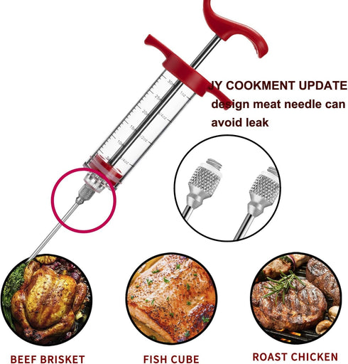 JY COOKMENT Meat Injector Syringe, 1-oz Marinade Flavor Injector with 2 Professional Needles, 1 Cleaning Brush