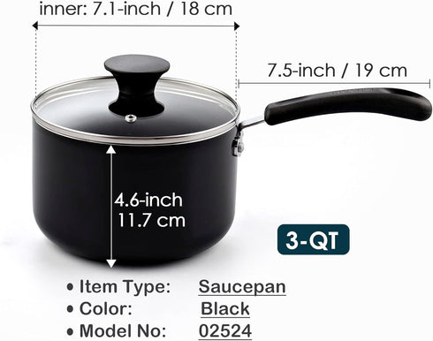 Cook N Home Nonstick Sauce Pan with Glass Lid 3-Qt, Multi-purpose Pot Saucepan Kitchenware, Black, Aluminum by Cook N Home