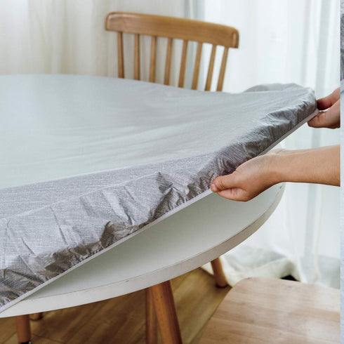 NLMUVW Round Vinyl Tablecloth with Elastic Edge - Light Grey Fitted PVC Table Cloth, Waterproof Wipe Clean Cover for