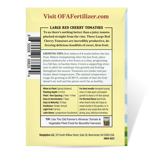 The Old Farmer's Almanac 80 Heirloom Tomato Seeds (Large Red Cherry) - Approx Seeds - Non-GMO, Open Pollinated