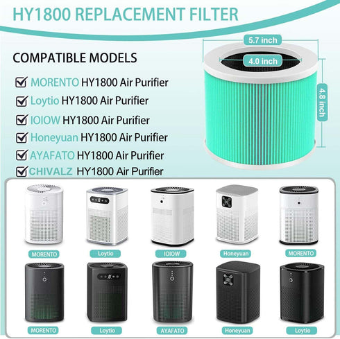 HY1800 True HEPA Replacement Filter Compatible with MORENTO/CHIVALZ/Loytio/AYAFATO/Honeyuan/IOIOW HY1800 Air Purifier, 3-in-1 H13 True HEPA Activated Carbon HY1800 Filter, 2 Pack