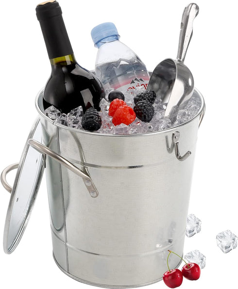 YOUEON 4L Ice Bucket with Scoop and Lid, Galvanized Metal Double Walled Wine Chiller for Parties, Silver