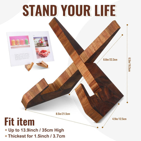 Cookbook Stand for Kitchen, Wooden Recipe Book Holder for Counter, Rustic Acacia Brown Stand