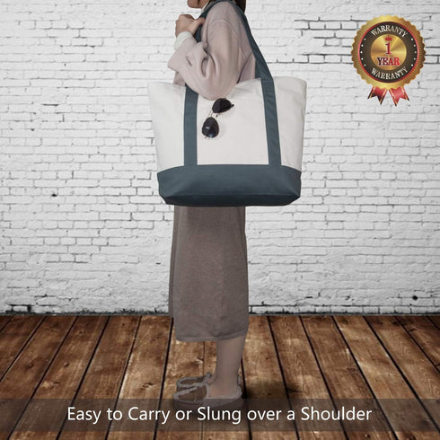 TOPDesign 1-Pack Canvas Tote Bag with External Pocket, Reusable Grocery Shopping Bag, Grey/Natural