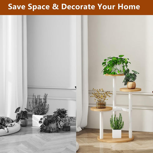 4 TMJ073R IBUYKE Tier Plant Stand Indoor, Metal Wood Plant Shelf for Multiple Plants, Small Tiered Corner Flower Pot