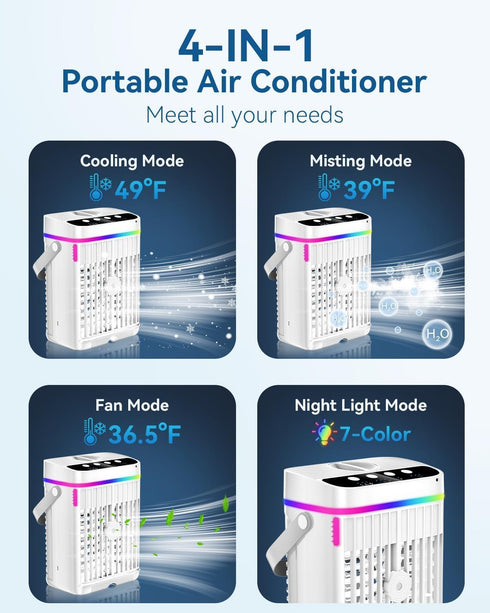 1250ml 3 1-3H Portable Air Conditioners, Mini Air Conditioner Portable Air Cooling Fan Air Cooler Fan with Speeds