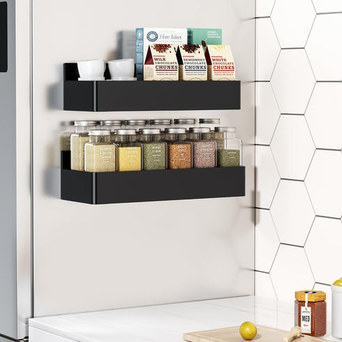 Magnetic Spice Rack for Refrigerator, Kitchen Organizer and Storage Shelf, Black (2 Pack)