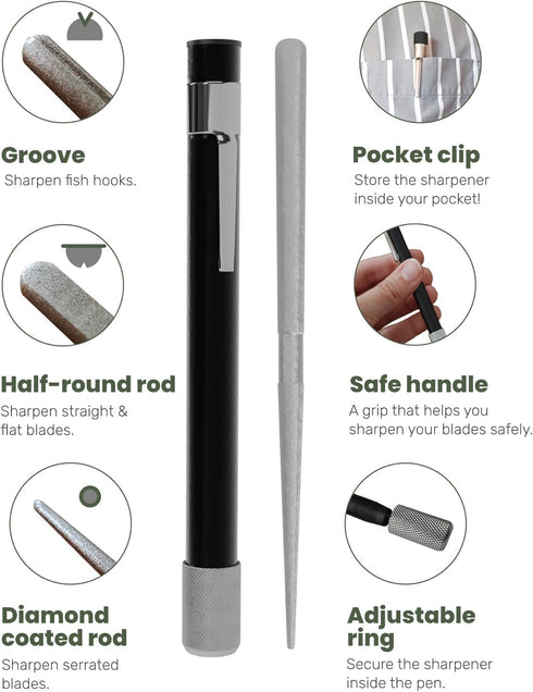 Wamery Serrated Knife Sharpener, Black Pocket Knife Sharpener with Retractable Diamond Sharpening Rod