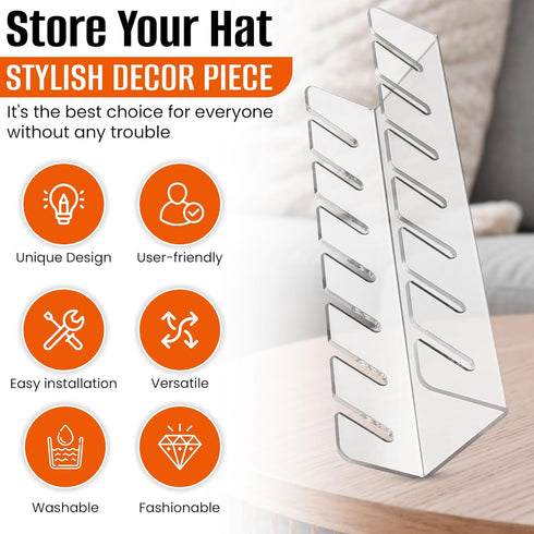 Hat Stand for Baseball Caps - Acrylic Display and Organizer Set of 2 for 14 Caps for Bedroom or Closet