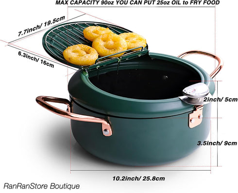 Japanese Tempura Deep Fryer Pot - Nonstick Carbon Steel Oil Fryer with Thermometer, 3.5L, Green Big Tempura Pan