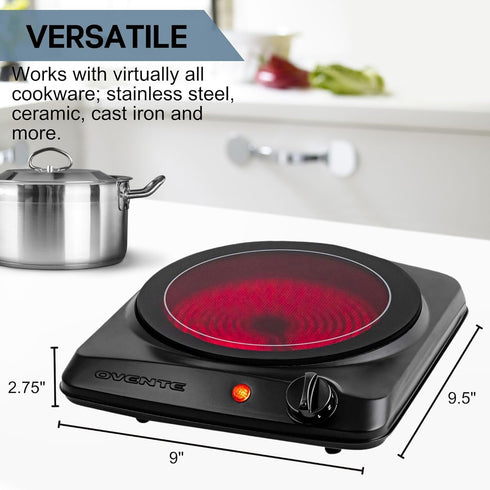 OVENTE 1000W Countertop Infrared Single Burner, 7” Ceramic Glass Cooktop with 5 Level Temperature Setting, Black