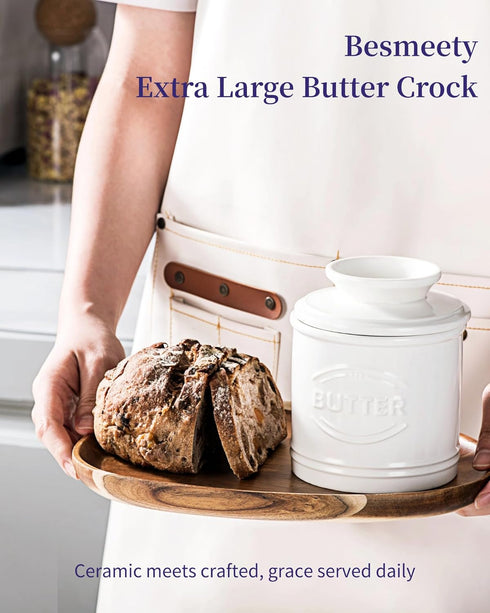 250g 5.12" Countertop, Besmeety Butter Crock, Large Butter Dish with Lid for Suit For Housewarming (White, Extra Large)