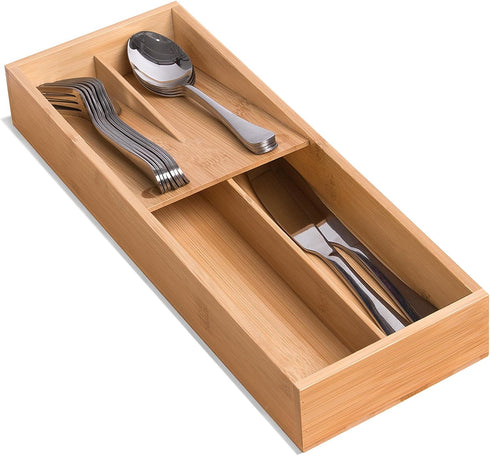 Bamboo Silverware Drawer Organizer, Small Kitchen Utensil Tray Holder for Spoons, Forks, Knives, Family of 2-4