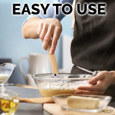 Zulay Kitchen 13-Inch Danish Dough Whisk, Wooden Whisk with Stainless Steel Dough Hook for Sourdough and Pastry
