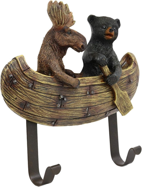 Ebros Whimsical Forest Creek Buddies Wall Hooks | Rustic Black Bear and Elk Moose Canoe 7" Wide Hanger Decor