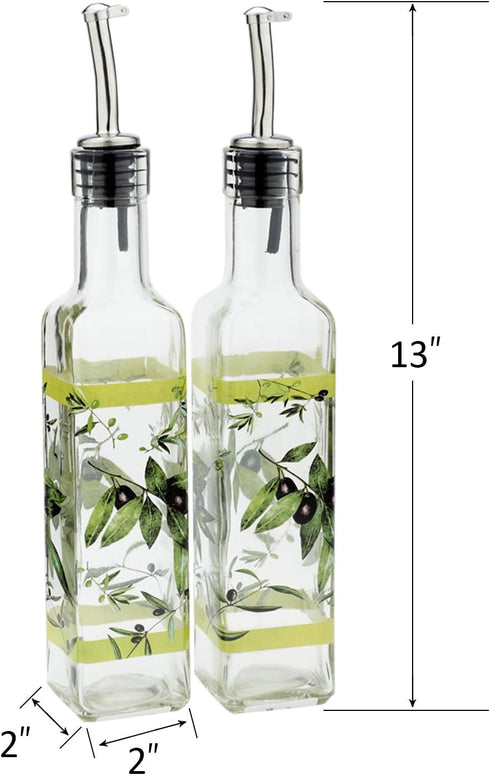 CEDAR HOME Olive Oil Bottle Set - Glass Dispenser Vinegar Cruet 17oz with Stainless Steel Pourer Spout, Green