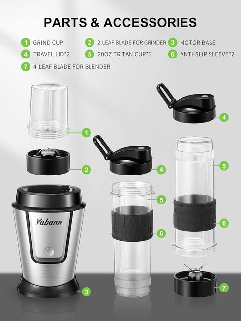 Personal Blender with 2 x 20oz Travel Bottle, Portable Smoothie Blender and Coffee Grinder, 500W Single Serve