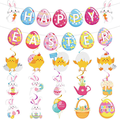 Easter Hanging Swirls Decorations for Home Office School, Happy Easter Banner with Egg Bunny Foil Swirl Ceiling Decor