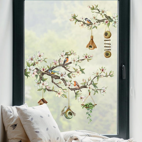 Spring Birds Flower Branches Window Clings, Hanging Bird House Green Leaves Decals, Anti Collision Double-Side Stickers