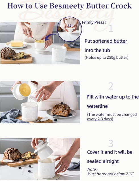 250g 5.12" Countertop, Besmeety Butter Crock, Large Butter Dish with Lid for Suit For Housewarming (White, Extra Large)