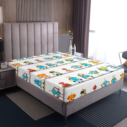 Set Set 4pcs 2 Set Manfei Watercolor Robots Sheet Full Cartoon Toy Theme Bed Sheet with Deep Pocket Fitted Sheet + Flat