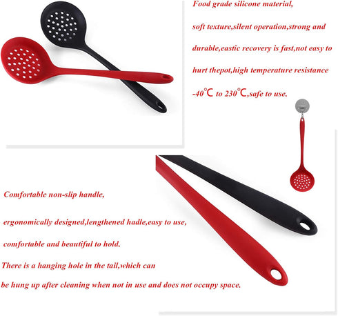 Silicone Skimmer Spoon Set 2, Non-Stick Cooking Slotted Strainer with Long Handle, Red and Black Kitchen Ladle