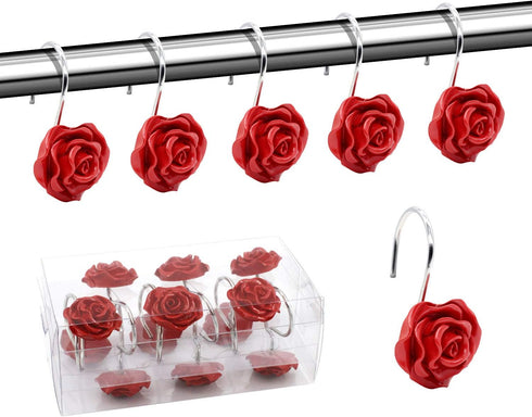 BEAVO Shower Curtain Hooks, Decorative Rustproof Resin Rose Flower Shower Hooks, Set of 12 (Red)