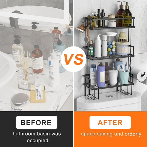 Over The Toilet Storage Shelf, 3-Tier Bathroom Organizer, Upgrade Punch-Free Storage Rack with Hooks, Black