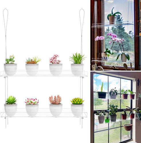 OtNiap 2-Tier 16inch,Indoor Clear Hanging Window Plant Shelves Windows Wall Hanging Plant Stand Flower Display,Flower