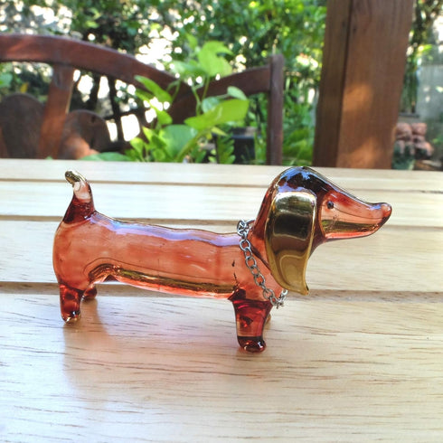 Handmade 2" Blown Glass Dachshund Dog Figurines with Gold Trim, Collectible Miniature Art, Dollhouse Gift Ideas