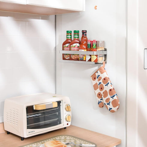 2 Shelf(1 pack Magnetic Spice Rack for Refrigerator Spice Organizer, Strong Magnetic Shelf with Removable Hooks Space