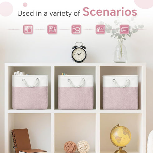 6 Pack 11x11 inch Closet, FinishingBo Cube Storage Bins, with Cotton Handles for Shelves, Clothes, Towel (White/Pink)