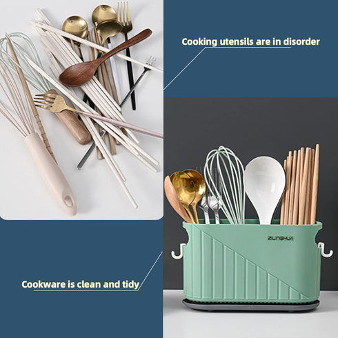 Kitchen Cutlery Drainer Utensil Holder, Wall-Mounted Storage Box, Flatware Organizer for Countertop, Green